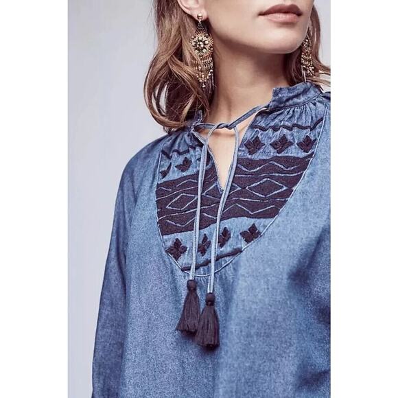 Anthropologie Ne Quittez Pas Chambray Denim Loose Top Size Large - Picture 2 of 9